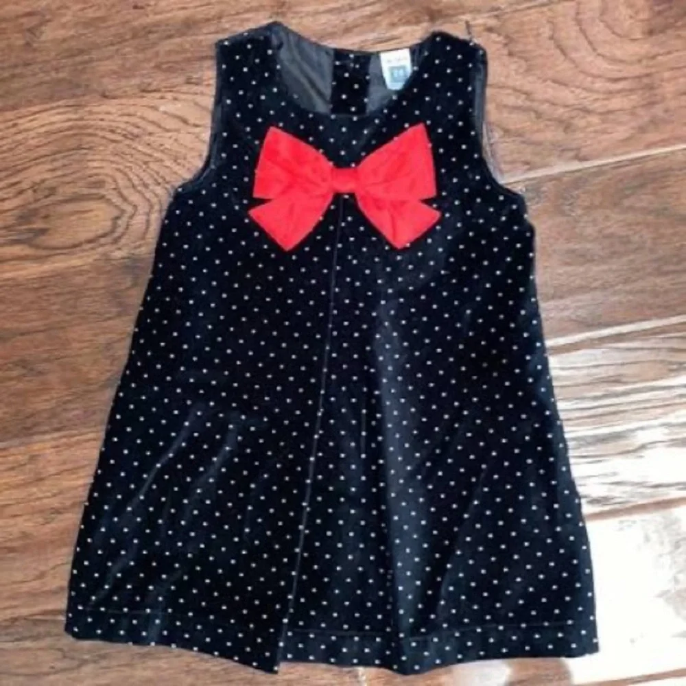 5/$25 Vintage Black Polka Dot Velvet Velour Red Bow Baby Holiday Party Dress